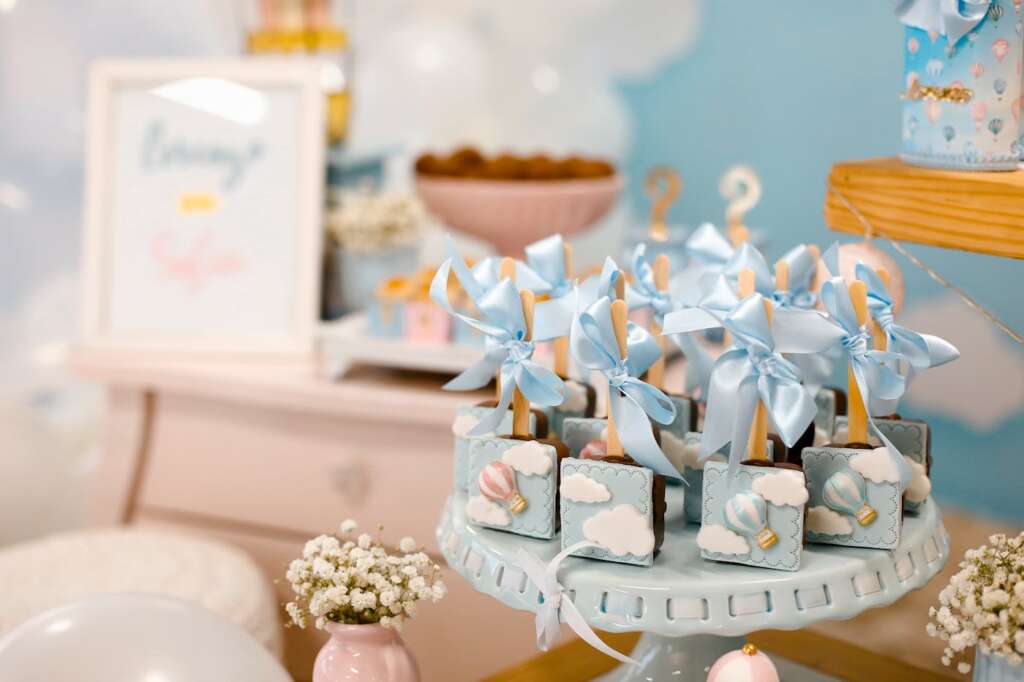 Pastel baby shower dessert table
