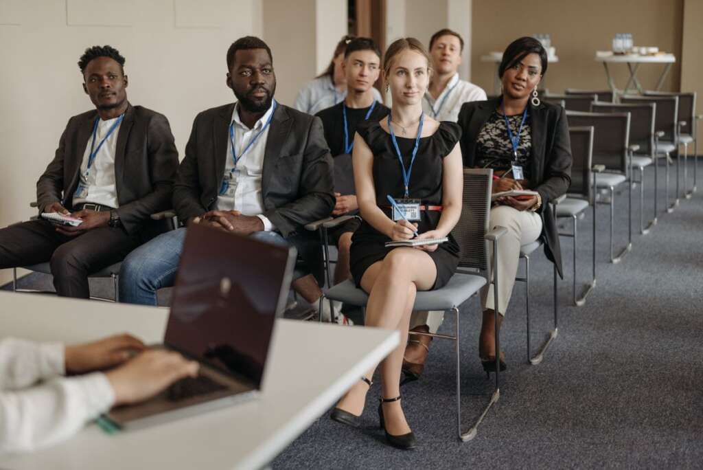 Engaged audience listening at a seminar